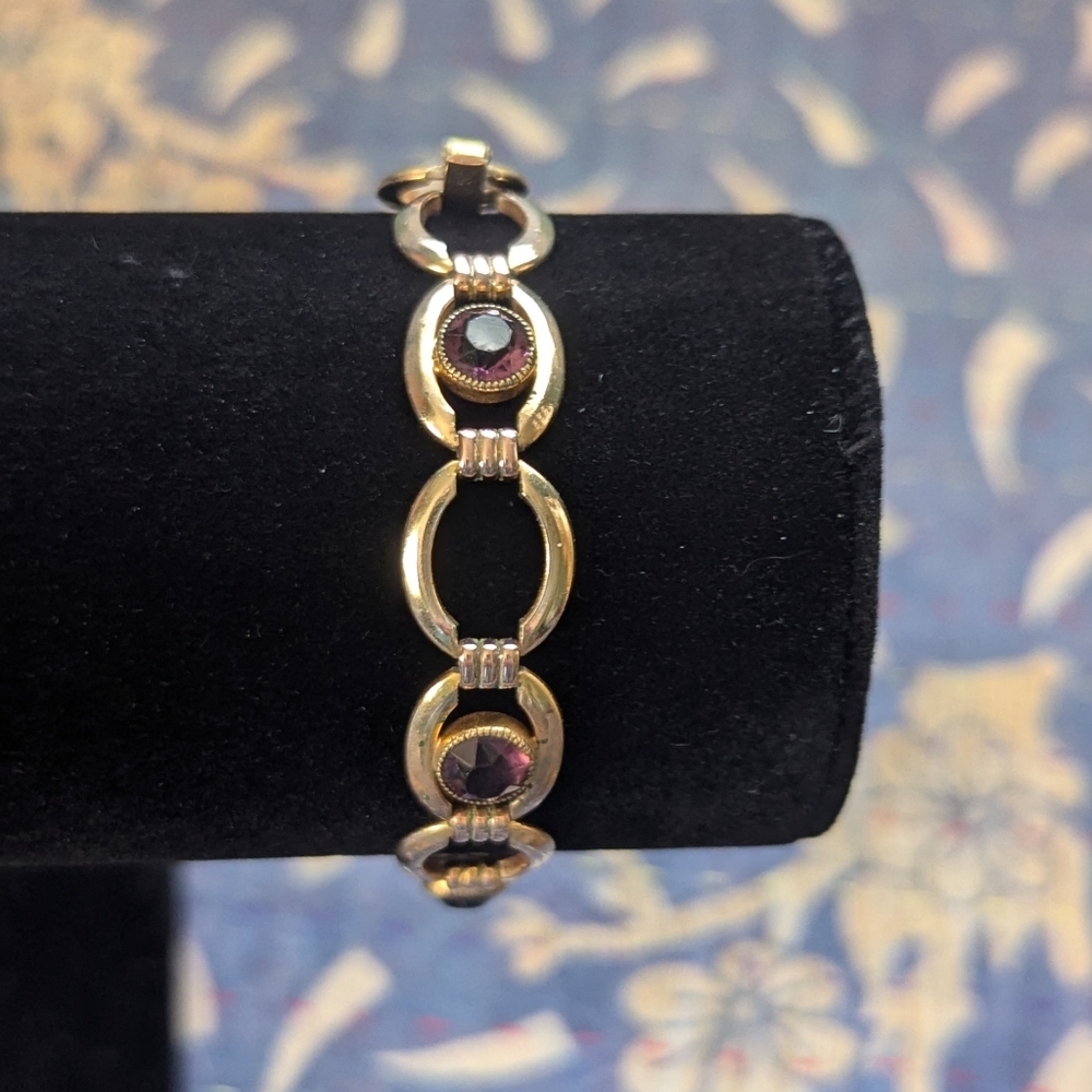 💜 Vintage Simmons Gold Purple Rhinestone Bracelet Bar Clasp 7"